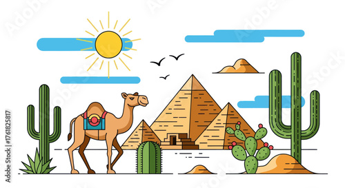 Egyptian Pyramids and Camel in a Stylized Desert Landscape.