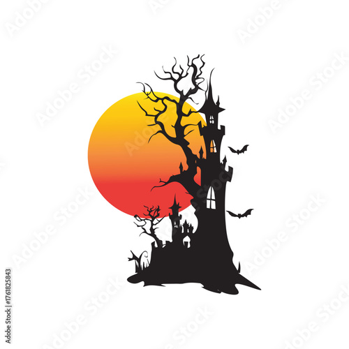 Spooky Castle Silhouette at Sunset with Bats and Creepy Atmosphere for Halloween Celebrations