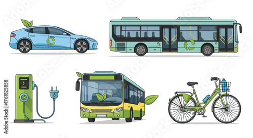 Collection of Eco-Friendly Electric Vehicles and Charging Station.