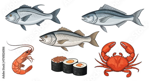 Assortment of Fresh Seafood and Sushi Rolls.