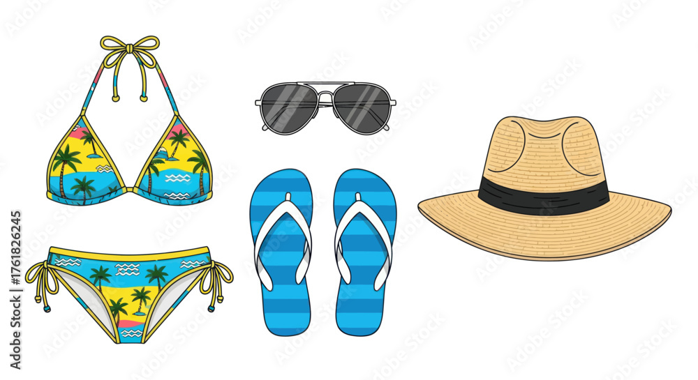 Naklejka premium Colorful Summer Beach Vacation Outfit with Bikini Sunglasses Flip-flops and Hat.