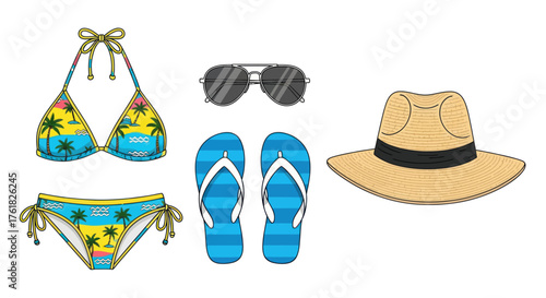 Colorful Summer Beach Vacation Outfit with Bikini Sunglasses Flip-flops and Hat.