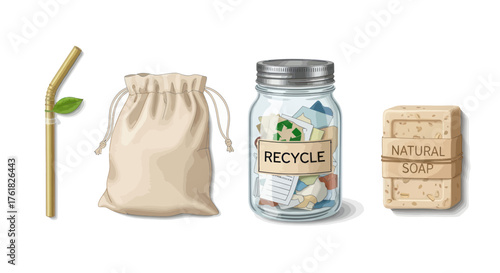 Eco-Friendly Products: Bamboo Straw Cotton Bag Recycle Jar and Natural Soap.