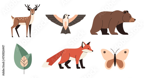 Collection of Stylized Forest Animals and Leaf Illustrations.