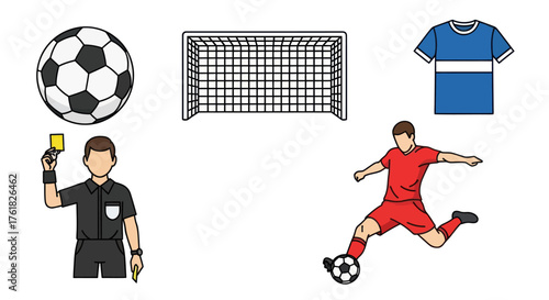 Soccer Game Elements: Ball Goal Player Referee and Jersey.