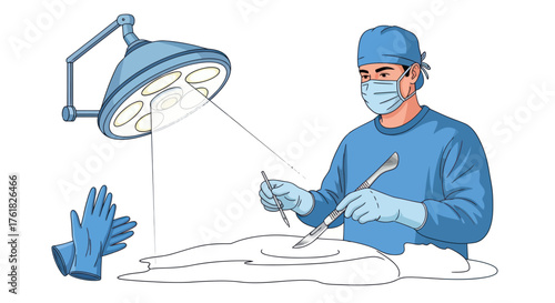 Surgeon Performing Operation with Surgical Lamp and Instruments Illustration.
