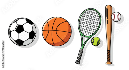 Collection of Various Sports Equipment and Balls Illustration.