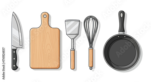 Assorted Kitchen Utensils: Knife Cutting Board Spatula Whisk Pan.