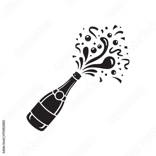 Luxury beverage vector artwork with two full bottles, one tilted bottle, and one cork explosion illustration on white