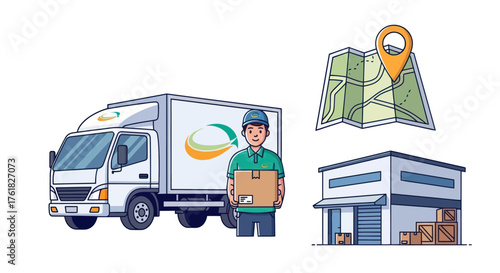 Delivery Truck and Courier with Package Ready for Shipping.