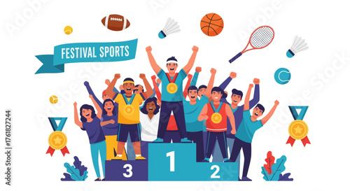 Sports Festival Celebration: Diverse Team on Podium with Medals and Sports Equipment.