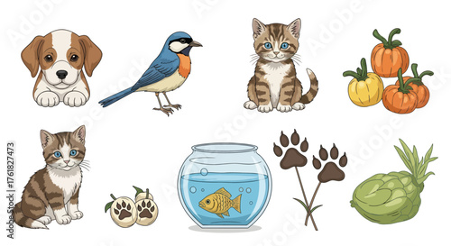 Collection of Illustrated Animals Plants and Pet-Related Items on White Background.