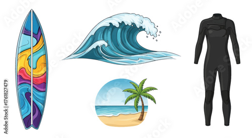 Surfing Essentials Collection: Vibrant Surfboard Ocean Wave Tropical Beach and Black Wetsuit.