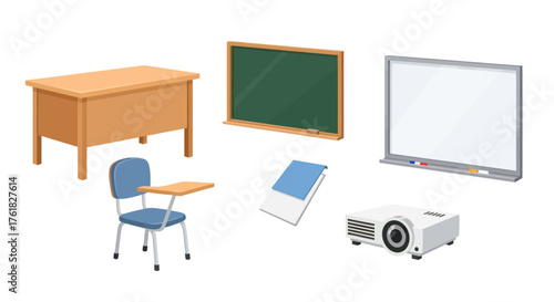 Collection of Classroom Furniture and Technology Objects.