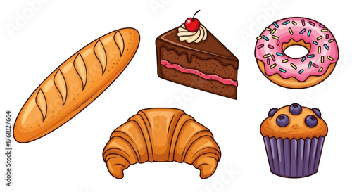 Assortment of Delicious Baked Goods: Croissant Baguette Cake Donut and Muffin.