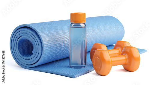 blue yoga mat with orange dumbbells and a water bottle on a transparent background
