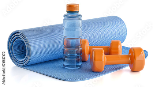 blue yoga mat with orange dumbbells and a water bottle on a transparent background