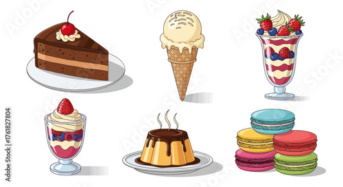 Assorted Desserts: Chocolate Cake Ice Cream Cone Parfaits Flan and Macarons.