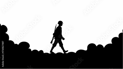 Silhouette of a soldier in uniform with backpack and sword walking through a dark landscape on a white background