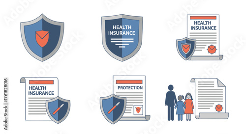 Health Insurance Documents and Shield Icons Vector Illustration.