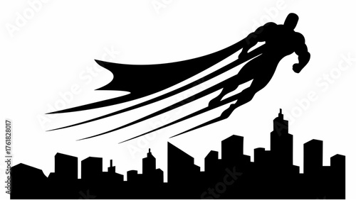 Silhouette of a superhero flying over a city skyline with speed lines in a black and white illustration