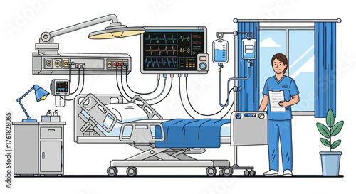 Male nurse caring for a patient in a modern fully equipped hospital intensive care unit room illustration.