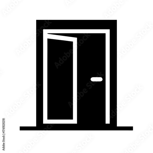 Black and white solid vector icon of a door with handle and frame, minimal home entry symbol