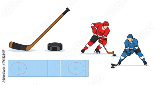 Hockey Equipment and Players: Stick Puck and Action Poses.
