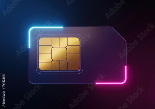 Neon-lit SIM card. Gold-chip, purple SIM card with blue and pink neon edge lighting on a dark background.