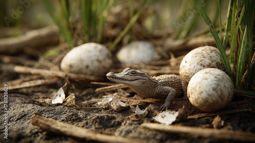 Photorealistic crocodile nest in a swamp