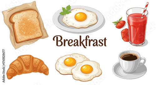 Delicious Breakfast Spread Featuring Eggs Toast Croissant Juice Coffee.