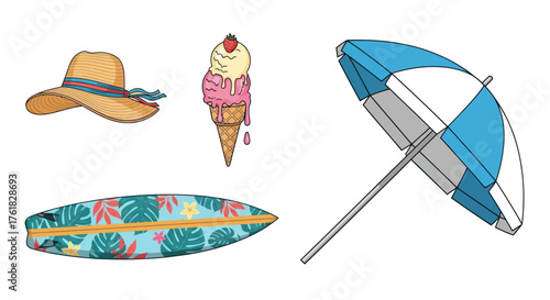 Beach Essentials: Sun Hat Ice Cream Surfboard and Umbrella.