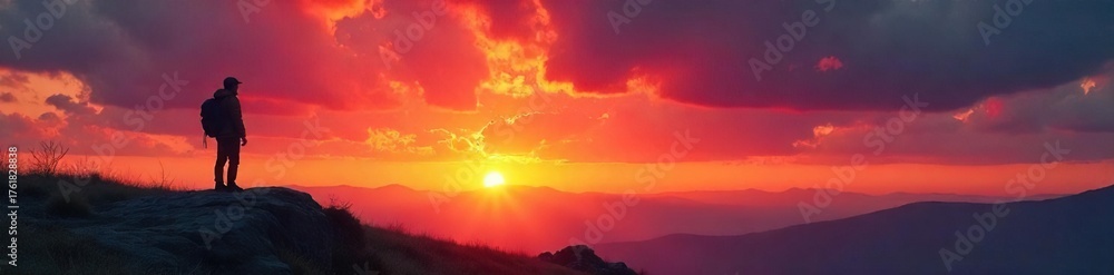 Fototapeta premium Silhouetted Figure at Sunset Solitude, Introspection, and the Vastness of Existence