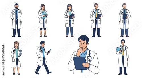 Collection of Cartoon Doctors in Various Poses Holding Clipboards.