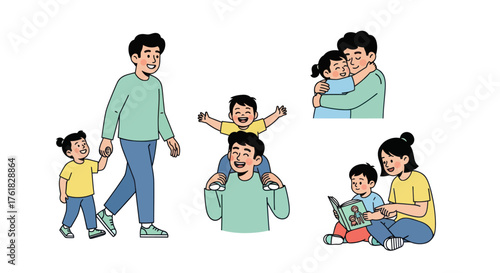 A collection of cartoon illustrations depicting happy Asian family moments including a father mother son and daughter bonding together.