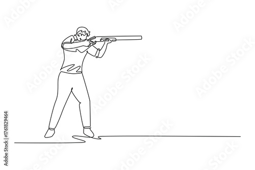 Single one line drawing side view man shooting athlete is aiming a shotgun with intense concentration in stable, forward-facing stance. Modern continuous line draw design graphic vector illustration