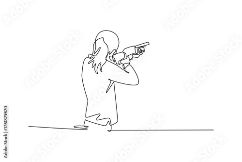 Continuous one line drawing young beauty woman, a shooting athlete with long hair, is aiming a shotgun with intense focus from a rear-facing stance. Single line draw design vector graphic illustration