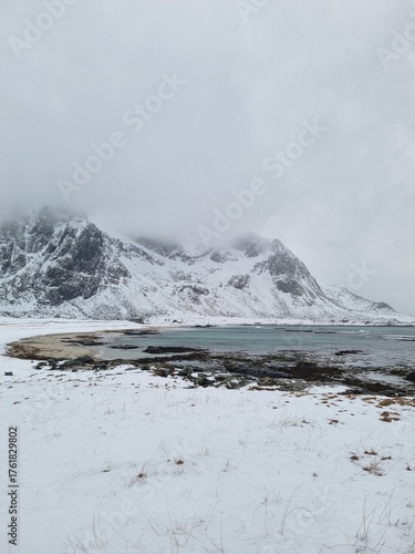 Scenic cold winter landscape of Flakstad beach in Lofoten Archipelago, Norway, Europe