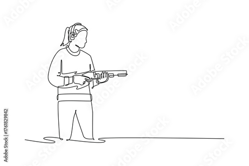 Single continuous line drawing woman shooting athlete is holding shotgun in stable stance, wearing ear protection and concentrating on target. Dynamic one line draw graphic design vector illustration