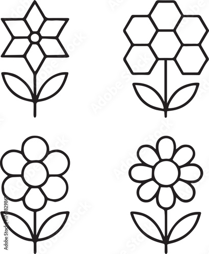Four black outlined floral line drawings on white a star shaped honeycomb circular and elongated petal flower Each has two leaves a dark center and clean symmetrical minimalist design