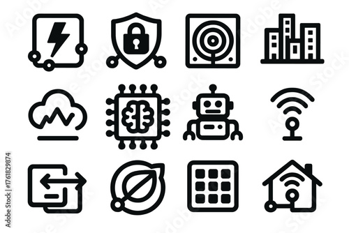 Integrated IoT Systems silhouette set: energy hub, security module, sensor array, city grid, cloud dashboard, AI processor, robot device, signal icon, data transfer, eco indicator,