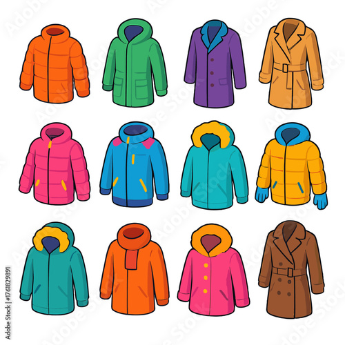 Winter Jackets flat isometric set: puffer coat, parka, wool coat, trench coat, down jacket, ski jacket, fur hood, zipper, buttons, pockets, gloves, scarf.