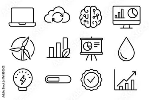 Digital Environmental Goals outline icon set: laptop, cloud sync, AI brain, analytics dashboard, renewable icon, eco data chart, KPI board, water droplet, energy meter, progress