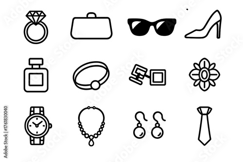 Luxury Accessories outline icon set: diamond ring, clutch bag, sunglasses, high heels, perfume bottle, gold bracelet, cufflinks, brooch, watch, necklace, pearl earrings, tie.
