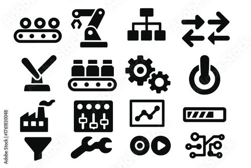 Process Optimization silhouette set: conveyor belt, robotic arm, workflow chart, flow arrows, lever, assembly line, gear system, switch, factory, control panel, data graph,