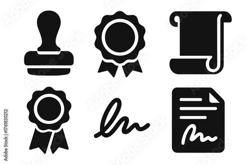 Official approval silhouette set: stamp, seal, scroll, ribbon, signature, document.