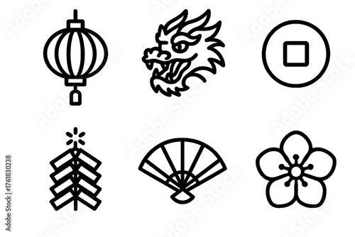Lunar New Year Celebration outline icon set: red lantern, dragon, gold coin, firecracker, fan, plum blossom.