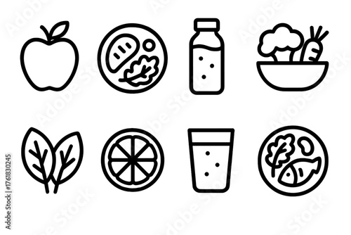 Healthy Eating outline icon set: apple, balanced meal, smoothie bottle, vegetable plate, protein bowl, salad leaves, citrus fruit, hydration glass.