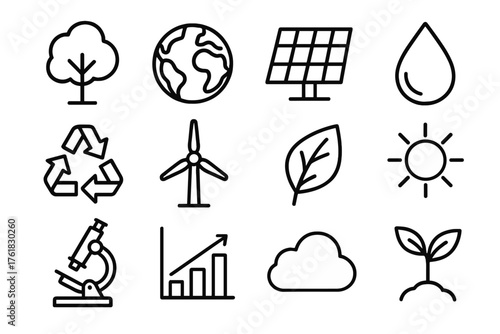 Environmental Science Education outline icon set: tree, globe, solar panel, water droplet, recycling symbol, wind turbine, leaf, sun, microscope, chart, cloud, plant sprout.