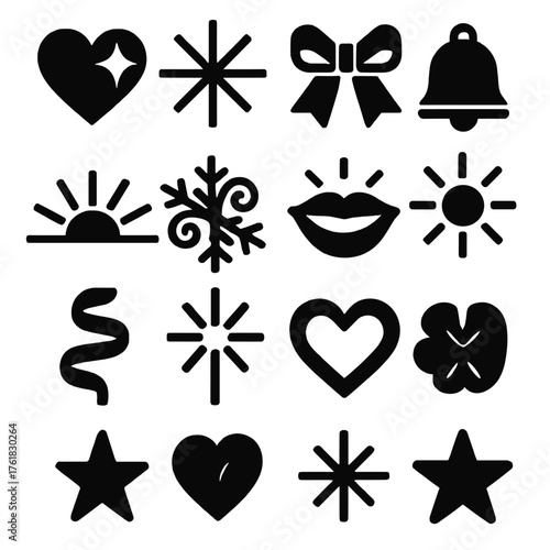 Holiday Anticipation Joy — Minimal Duotone silhouette set: heart spark, starburst, gift bow, bell ring, rising sun, snowflake swirl, smiling lips, shining light, ribbon curl,